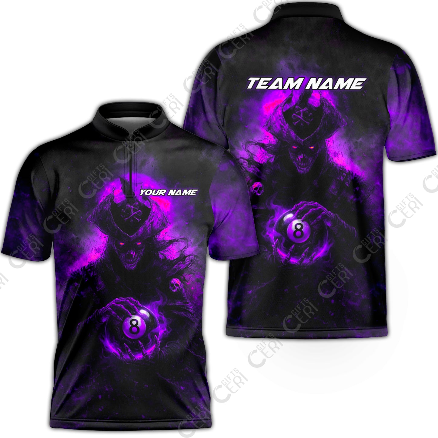 Customized Billiards Stand Collar Quarter-Zip Short Sleeve Jersey, Personalized Ghost Captains 8 Ball Jersey Gift For Billiard Players