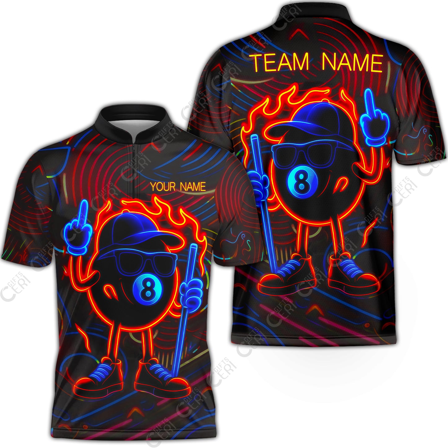 Customized 8 Ball Pool Stand Collar Quarter-Zip Short Sleeve Jersey, 8-Ball Billiard Neon Cartoon Flaming, Billiard Jerseys