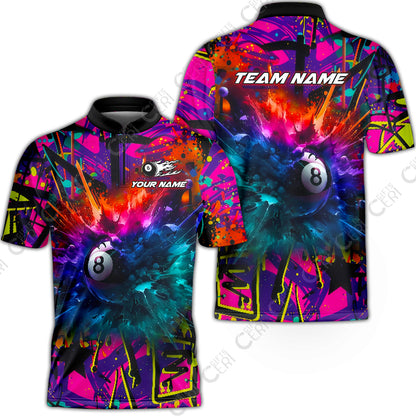 Customized Billiards Stand Collar Quarter-Zip Short Sleeve Jersey, Personalized Neon Chaos 8 Ball Jersey Gift For Billiard Players