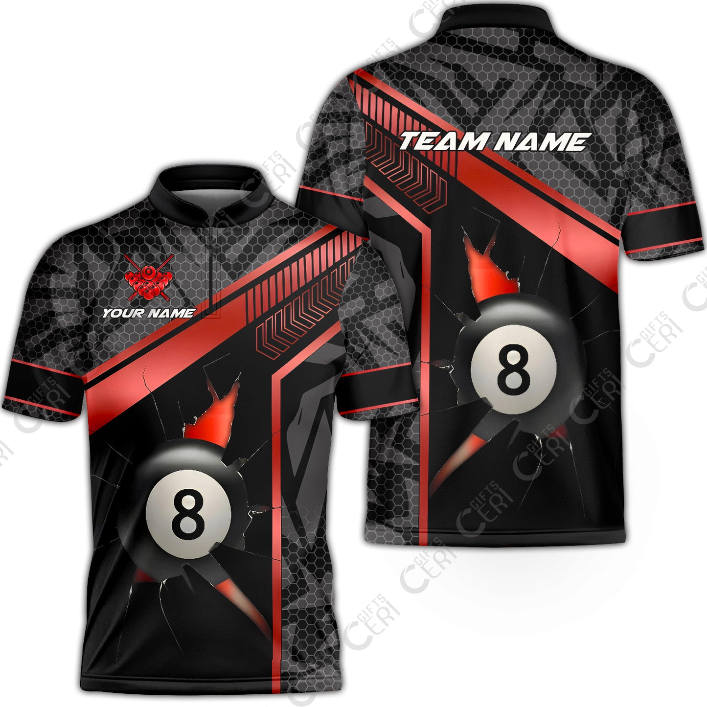 Customized Billiards Stand Collar Quarter-Zip Short Sleeve Jersey, Personalized Hexagonal Patterns With A Cracked Glass 8 Ball Jersey