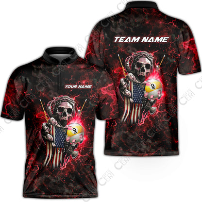 Customized Billiards Stand Collar Quarter-Zip Short Sleeve Jersey, Personalized Ghost Break 9 Ball Jersey Gift For Billiard Players