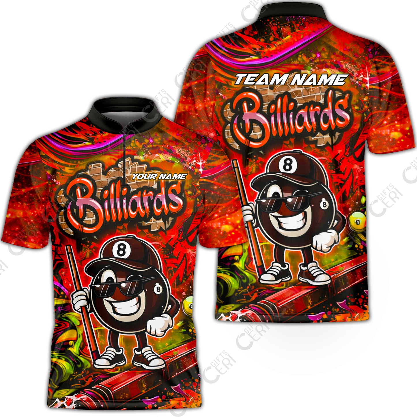 Customized Billiards Stand Collar Quarter-Zip Short Sleeve Jersey, Personalized Street Graffiti 8 Ball Jersey Gift For Billiard Players