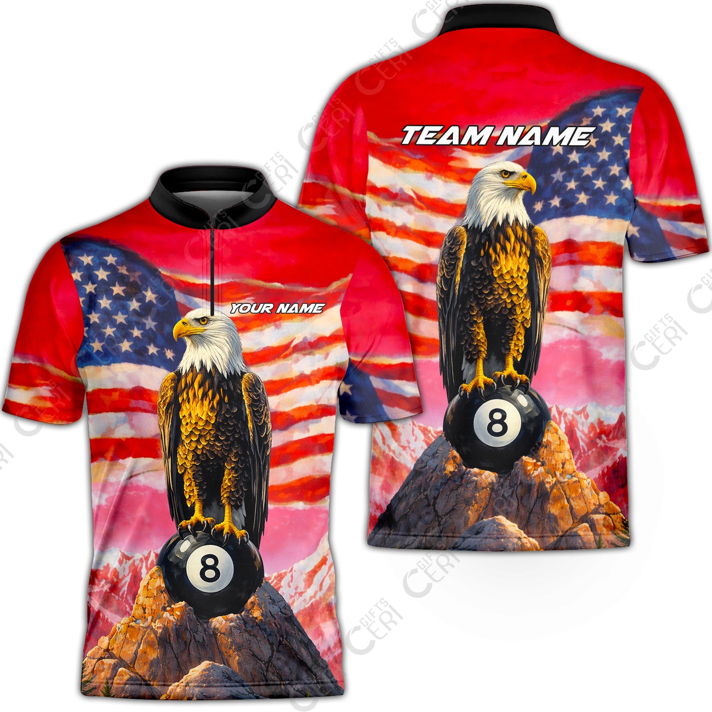Customized Billiards Stand Collar Quarter-Zip Short Sleeve Jersey, Personalized American Flag With Eagle 8 Ball Jersey Gift For Billiard Players