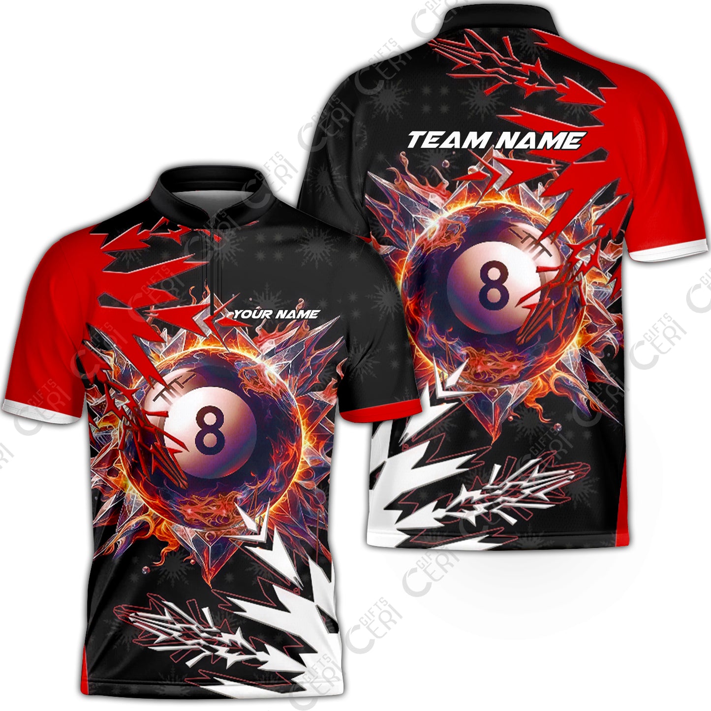 Customized Billiards Stand Collar Quarter-Zip Short Sleeve Jersey, Personalized Frostfire 8 Ball Jersey Gift For Billiard Players