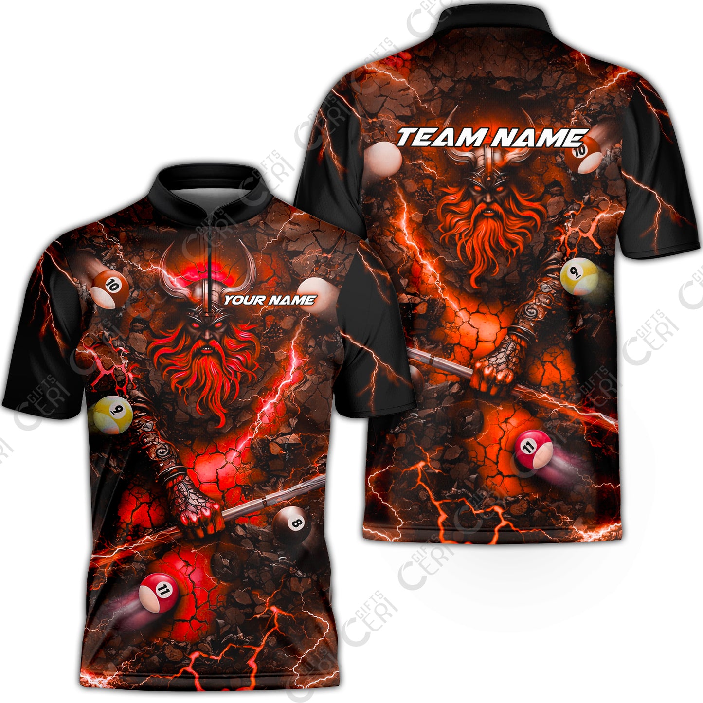 Customized Billiards Stand Collar Quarter-Zip Short Sleeve Jersey, Personalized Thunder Viking Billiards Jersey Gift For Billiard Players
