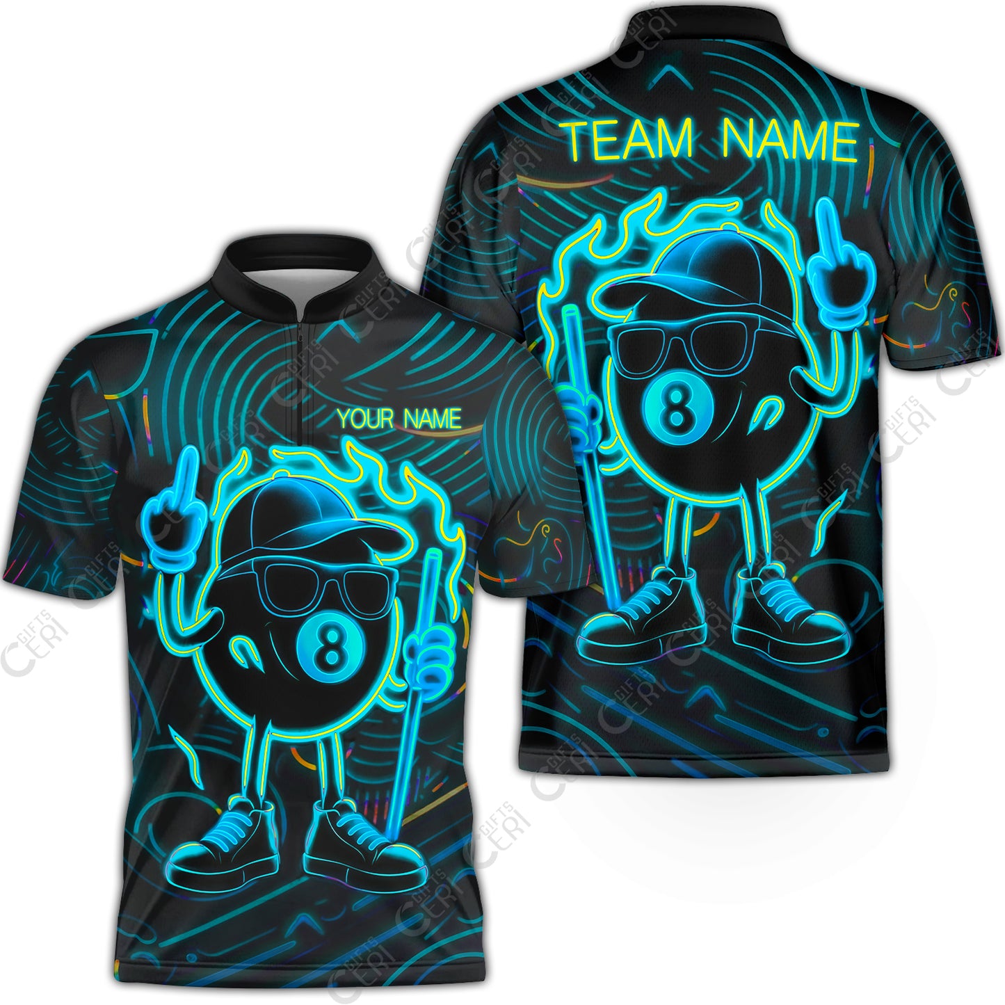 Customized 8 Ball Pool Stand Collar Quarter-Zip Short Sleeve Jersey, 8-Ball Billiard Neon Cartoon Flaming, Billiard Jerseys