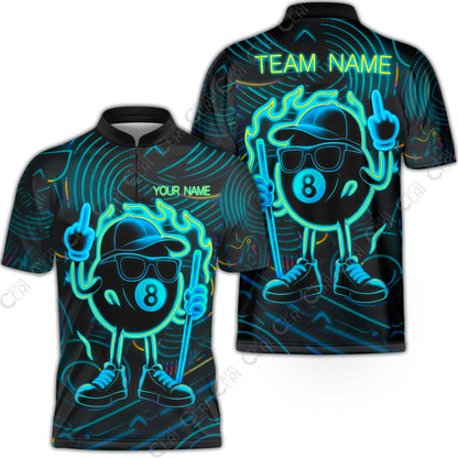 Customized 8 Ball Pool Stand Collar Quarter-Zip Short Sleeve Jersey, 8-Ball Billiard Neon Cartoon Flaming, Billiard Jerseys