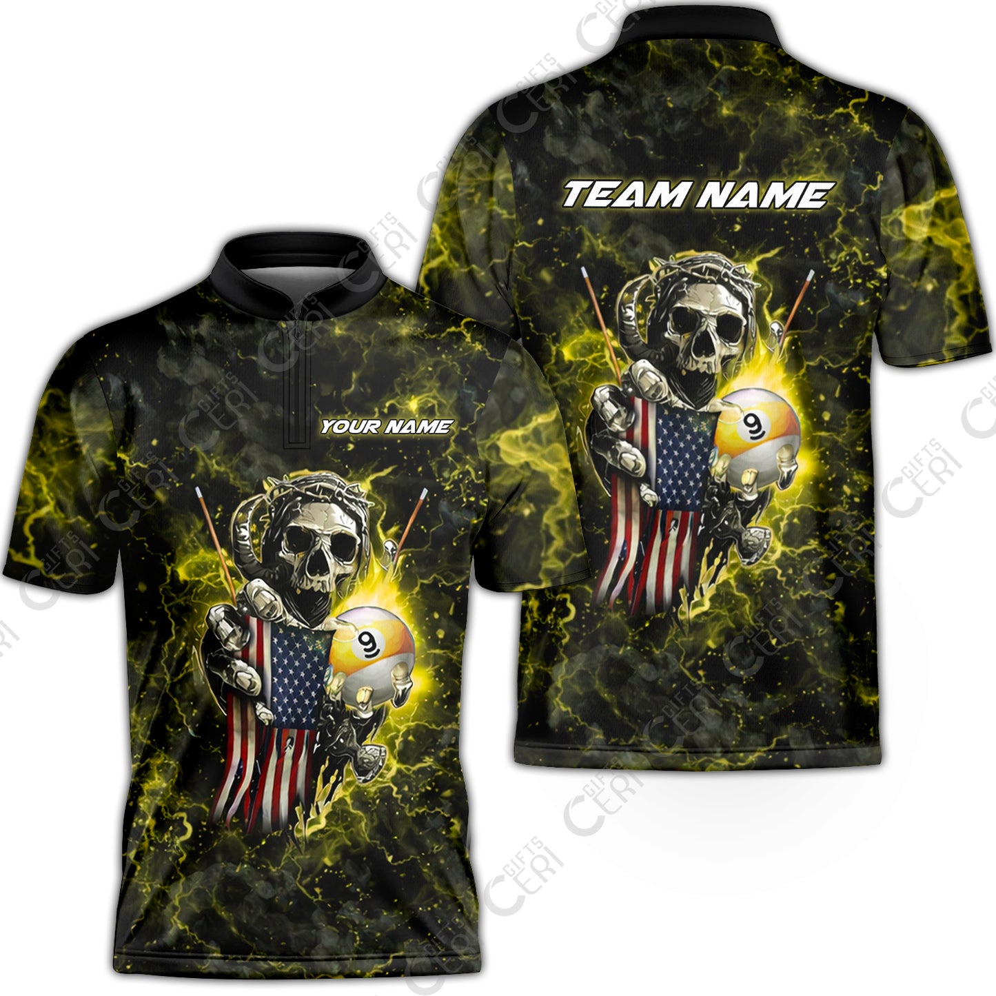 Customized Billiards Stand Collar Quarter-Zip Short Sleeve Jersey, Personalized Ghost Break 9 Ball Jersey Gift For Billiard Players
