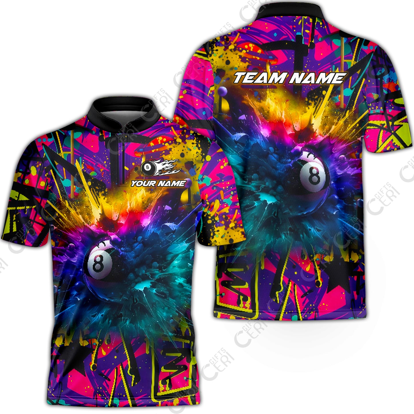 Customized Billiards Stand Collar Quarter-Zip Short Sleeve Jersey, Personalized Neon Chaos 8 Ball Jersey Gift For Billiard Players