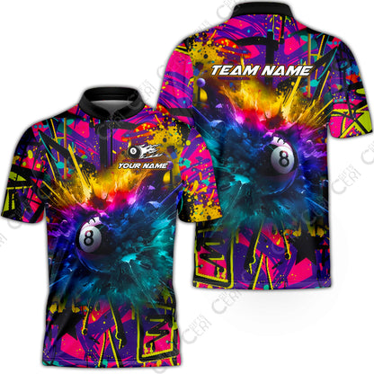 Customized Billiards Stand Collar Quarter-Zip Short Sleeve Jersey, Personalized Neon Chaos 8 Ball Jersey Gift For Billiard Players