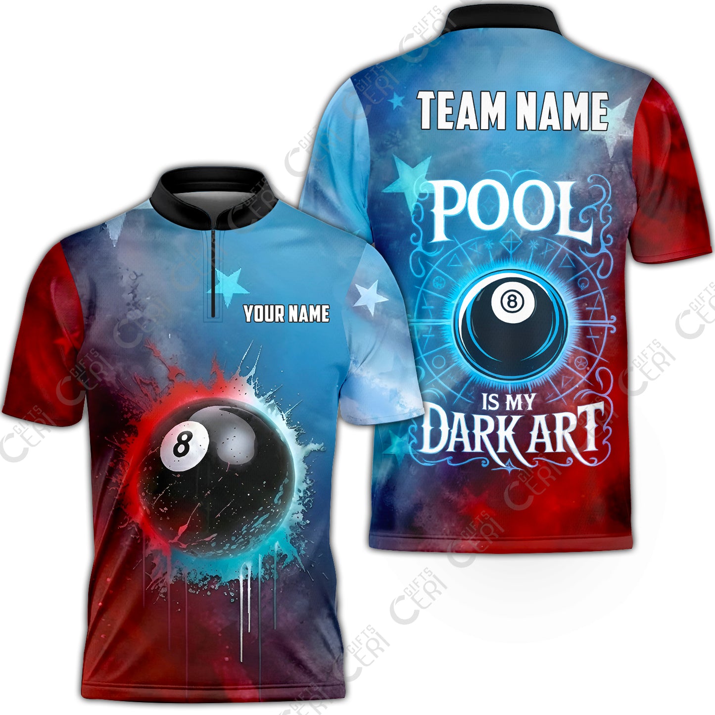Customized 8 Ball Pool Stand Collar Quarter-Zip Short Sleeve Jersey, Billiards 8-Ball Pool Is My Dark Art, Billiards Jerseys