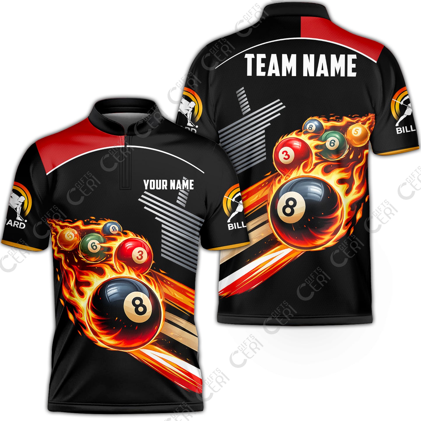 Customized 8 Ball Pool Stand Collar Quarter-Zip Short Sleeve Jersey, Billiards 8-Ball The Balls Are Burning, Billiards Jerseys