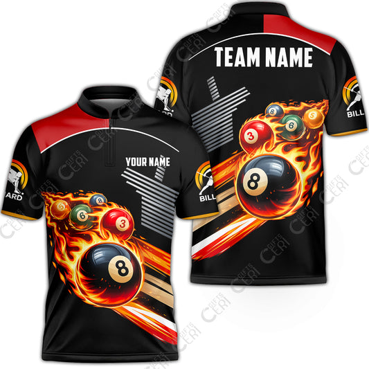 Customized 8 Ball Pool Stand Collar Quarter-Zip Short Sleeve Jersey, Billiards 8-Ball The Balls Are Burning, Billiards Jerseys