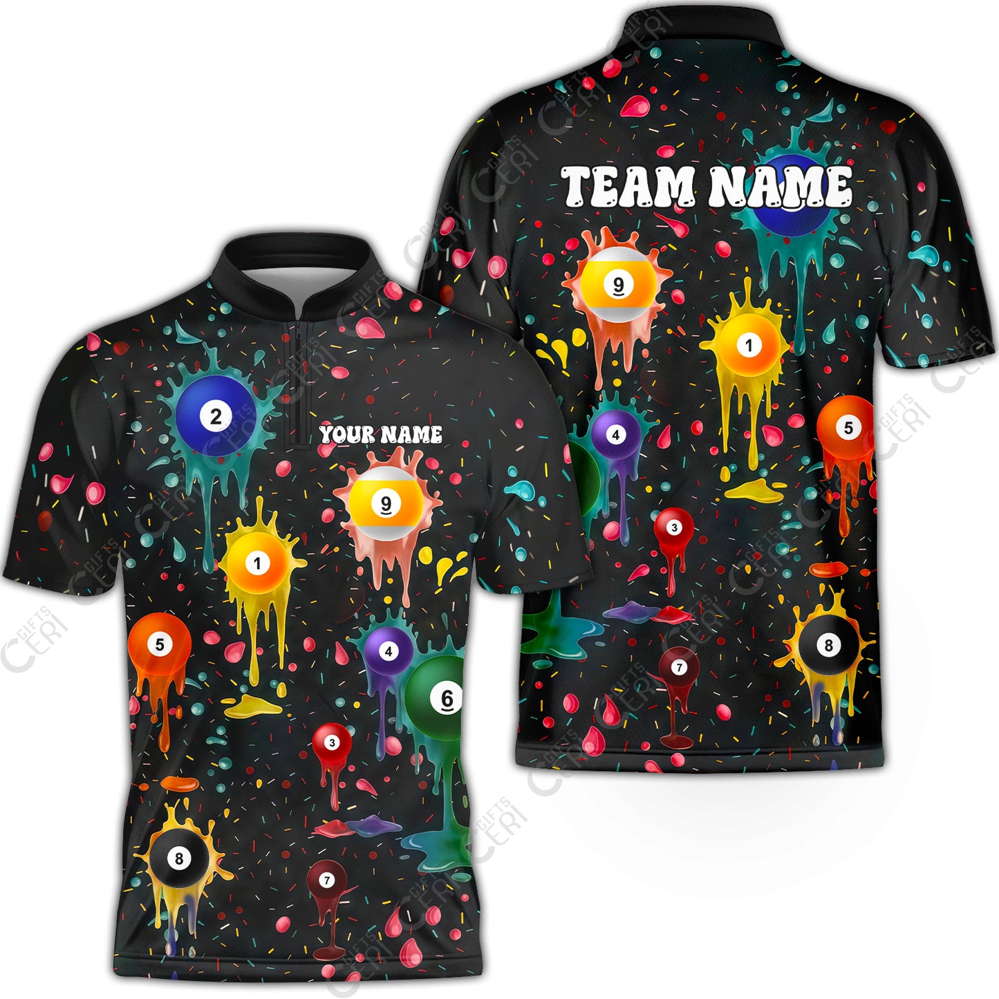 Customized 9 Ball Pool Stand Collar Quarter-Zip Short Sleeve Jersey, Billiards 9-Ball Colorful Paint-Splash, Billiards Jerseys