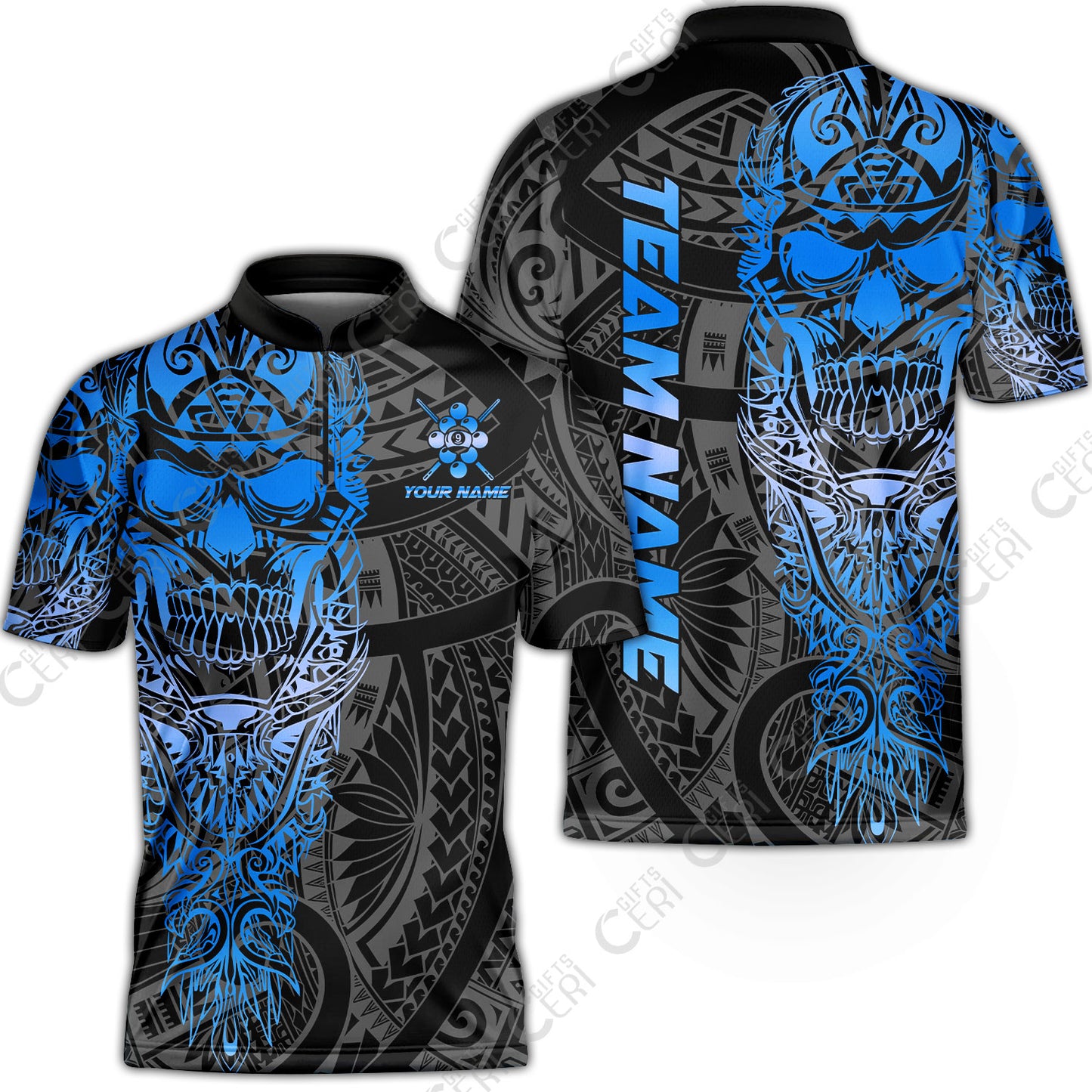 Customized 9 Ball Pool Stand Collar Quarter-Zip Short Sleeve Jersey, 9-Ball Billiard Ethnic Tribal Style Pattern, Billiards Jerseys