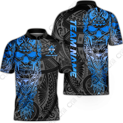 Customized 9 Ball Pool Stand Collar Quarter-Zip Short Sleeve Jersey, 9-Ball Billiard Ethnic Tribal Style Pattern, Billiards Jerseys