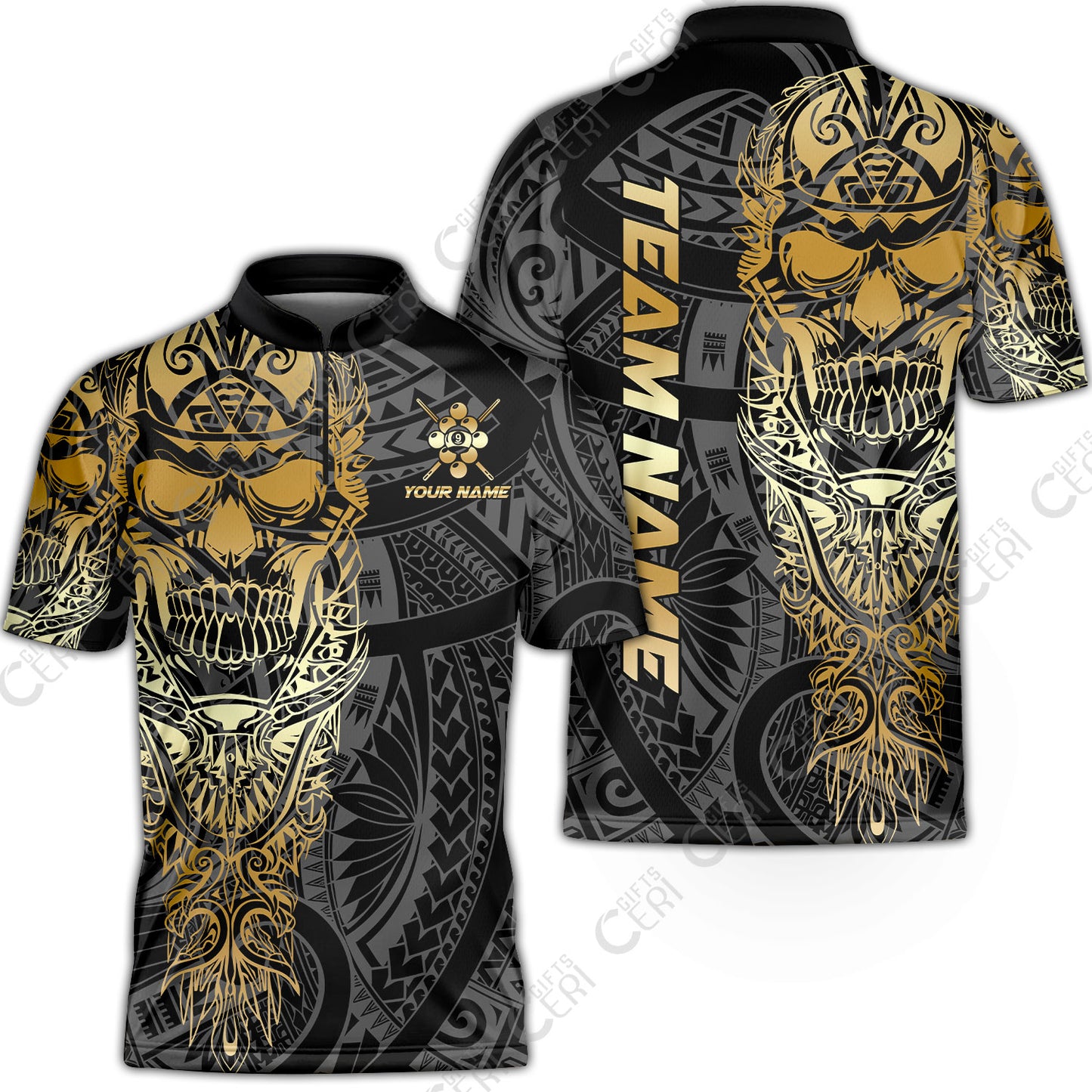 Customized 9 Ball Pool Stand Collar Quarter-Zip Short Sleeve Jersey, 9-Ball Billiard Ethnic Tribal Style Pattern, Billiards Jerseys