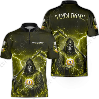 Customized 9 Ball Pool Stand Collar Quarter-Zip Short Sleeve Jersey, Lightning And Flame Grim Reaper With 9 Ball, Personalized Billiards Jersey