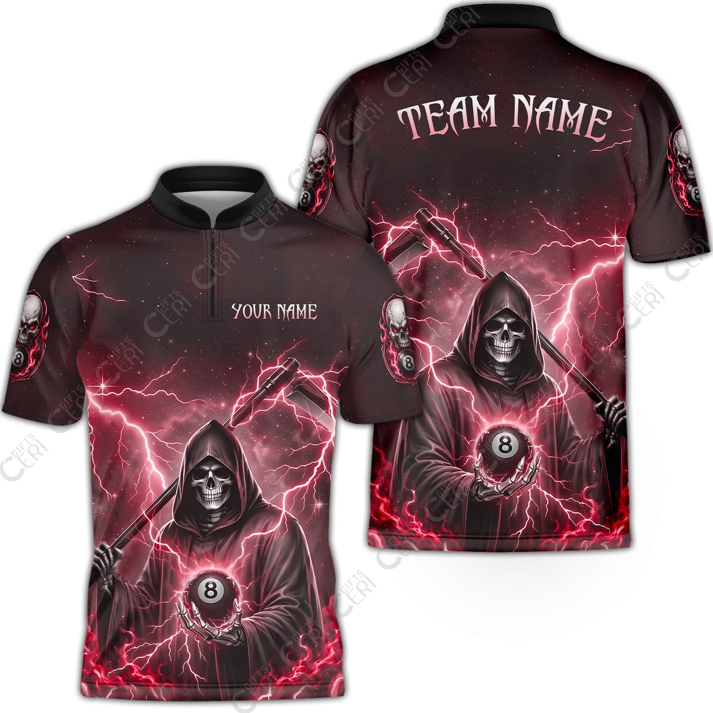 Customized 8 Ball Pool Stand Collar Quarter-Zip Short Sleeve Jersey, Lightning And Flame Grim Reaper With 8 Ball, Personalized Billiards Jersey