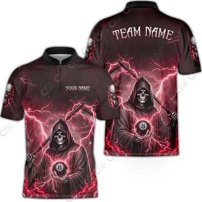 Customized 8 Ball Pool Stand Collar Quarter-Zip Short Sleeve Jersey, Lightning And Flame Grim Reaper With 8 Ball, Personalized Billiards Jersey