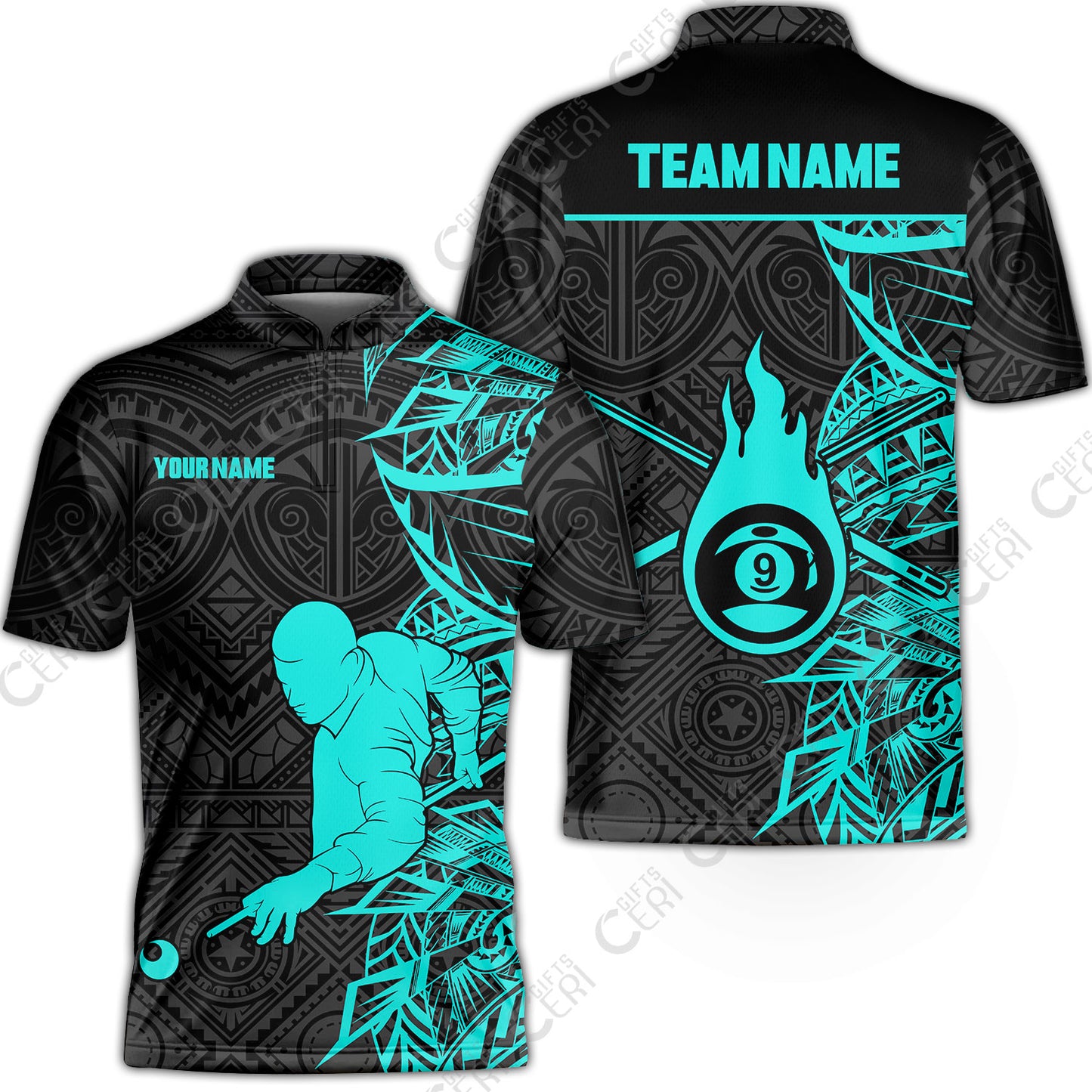 Customized 9 Ball Pool Stand Collar Quarter-Zip Short Sleeve Jersey, 9-Ball Billiards Tattoo Pattern, Billiards Jerseys