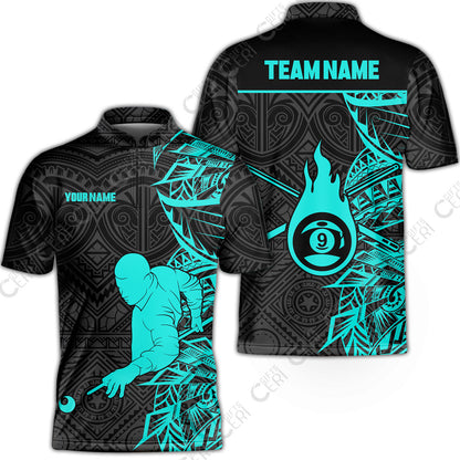 Customized 9 Ball Pool Stand Collar Quarter-Zip Short Sleeve Jersey, 9-Ball Billiards Tattoo Pattern, Billiards Jerseys