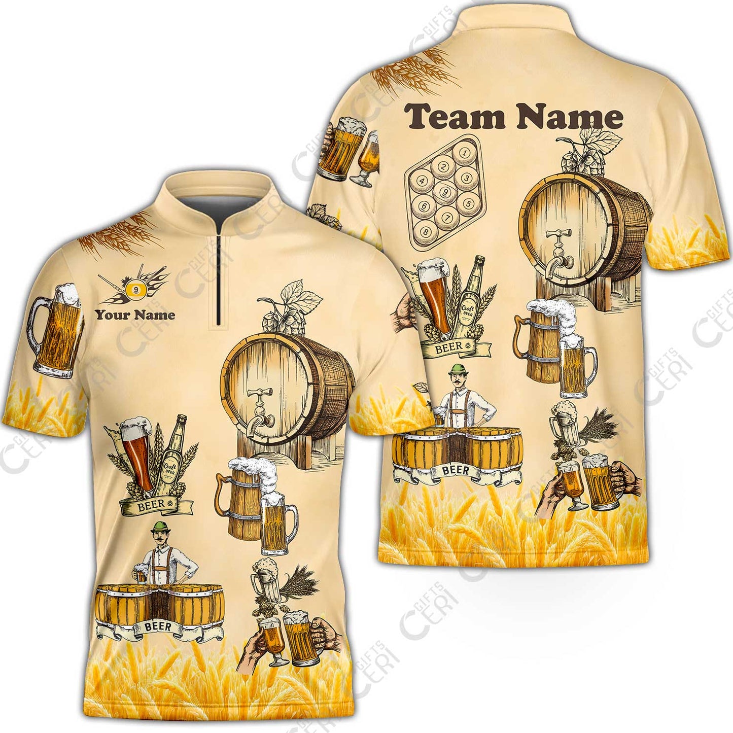 Customized 9 Ball Pool Stand Collar Quarter-Zip Short Sleeve Jersey, Beer 3 Scale Billiard 9-ball, Personalized Billiards Jersey