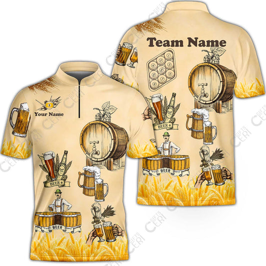 Customized 9 Ball Pool Stand Collar Quarter-Zip Short Sleeve Jersey, Beer 3 Scale Billiard 9-ball, Personalized Billiards Jersey
