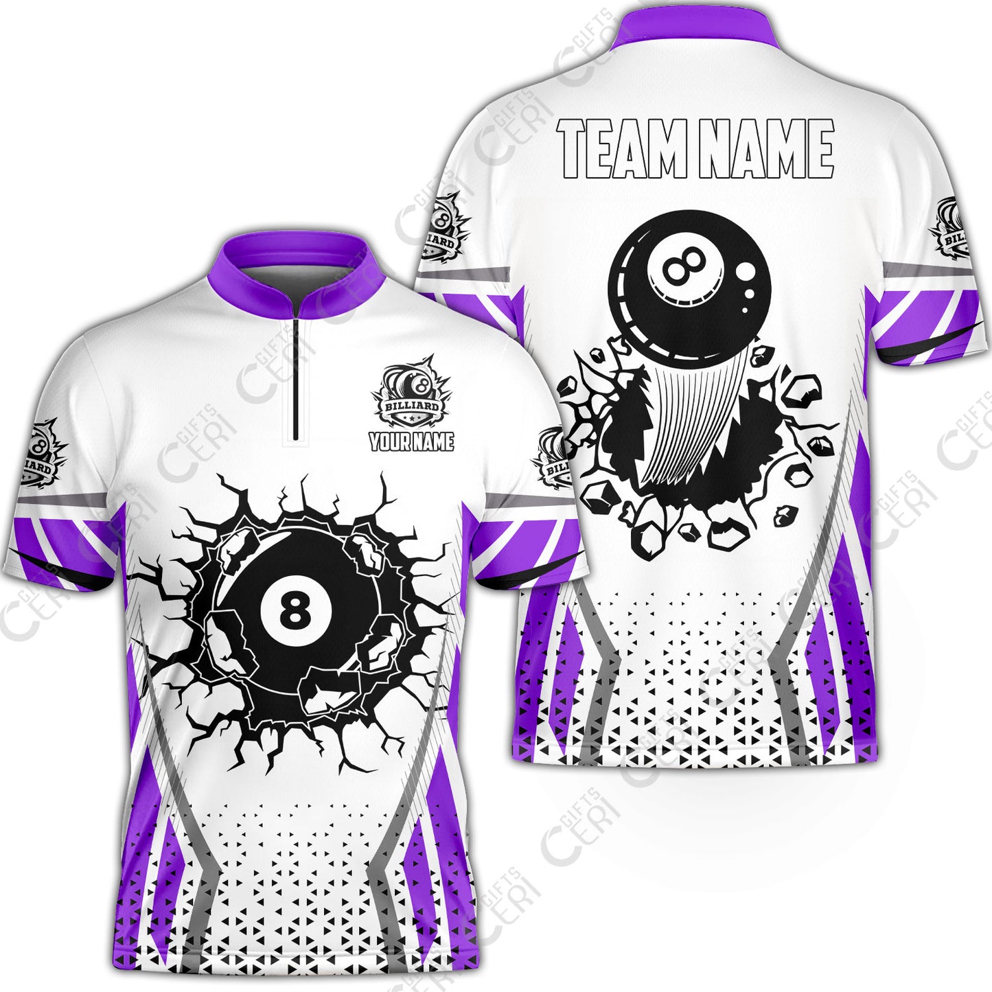 Customized 8 Ball Pool Stand Collar Quarter-Zip Short Sleeve Jersey, Billiard Triangle Pattern, 8-Ball Breaks The Wall, Billiard Jerseys