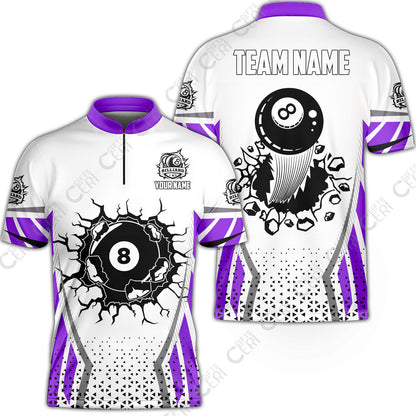 Customized 8 Ball Pool Stand Collar Quarter-Zip Short Sleeve Jersey, Billiard Triangle Pattern, 8-Ball Breaks The Wall, Billiard Jerseys