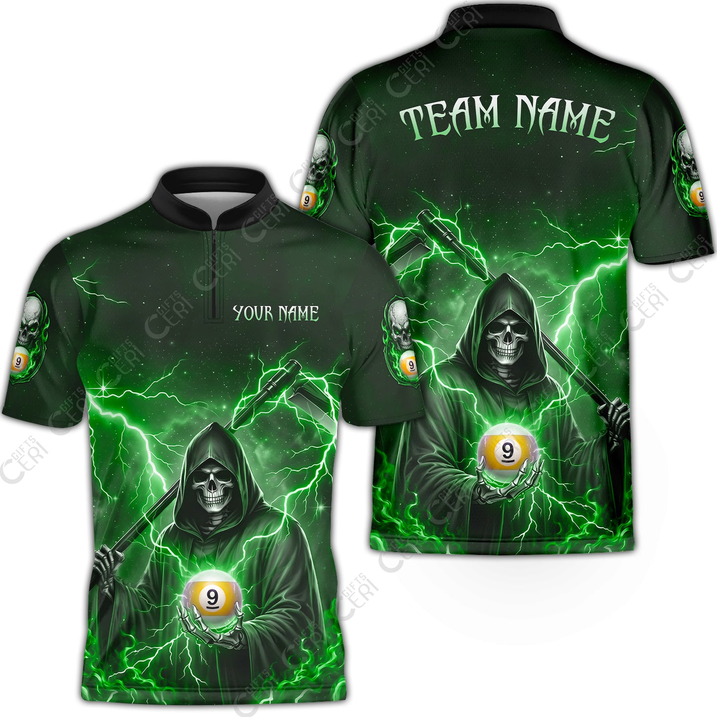 Customized 9 Ball Pool Stand Collar Quarter-Zip Short Sleeve Jersey, Lightning And Flame Grim Reaper With 9 Ball, Personalized Billiards Jersey