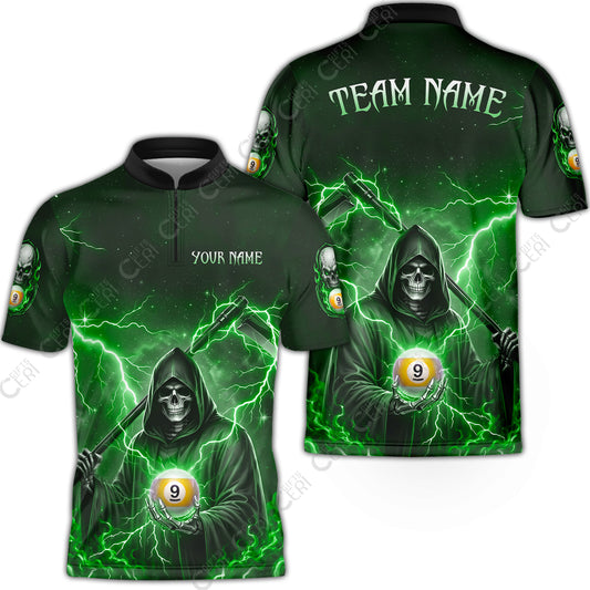 Customized 9 Ball Pool Stand Collar Quarter-Zip Short Sleeve Jersey, Lightning And Flame Grim Reaper With 9 Ball, Personalized Billiards Jersey