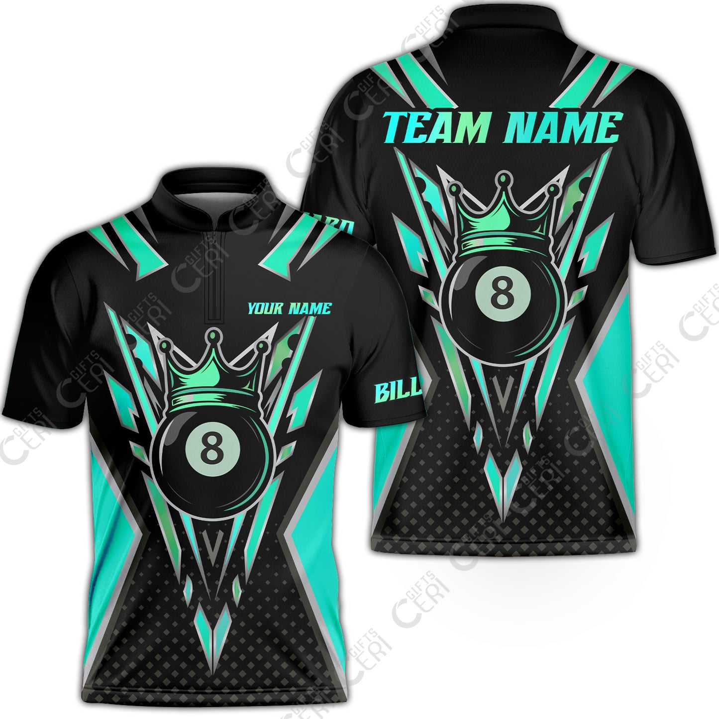 Customized 8 Ball Pool Stand Collar Quarter-Zip Short Sleeve Jersey, Billiard 8-Ball Crown, Billiard Jerseys