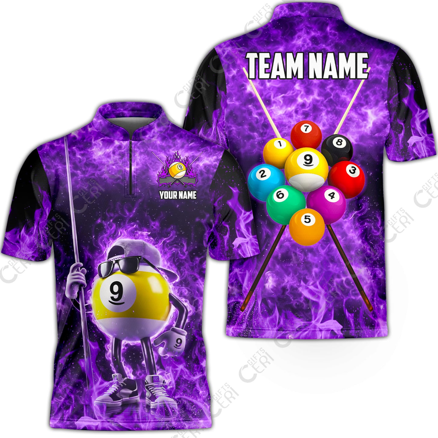 Customized 9 Ball Pool Stand Collar Quarter-Zip Short Sleeve Jersey, 9-Ball Wearing Cap And Sunglasses Flaming Burn, Billiard Jerseys