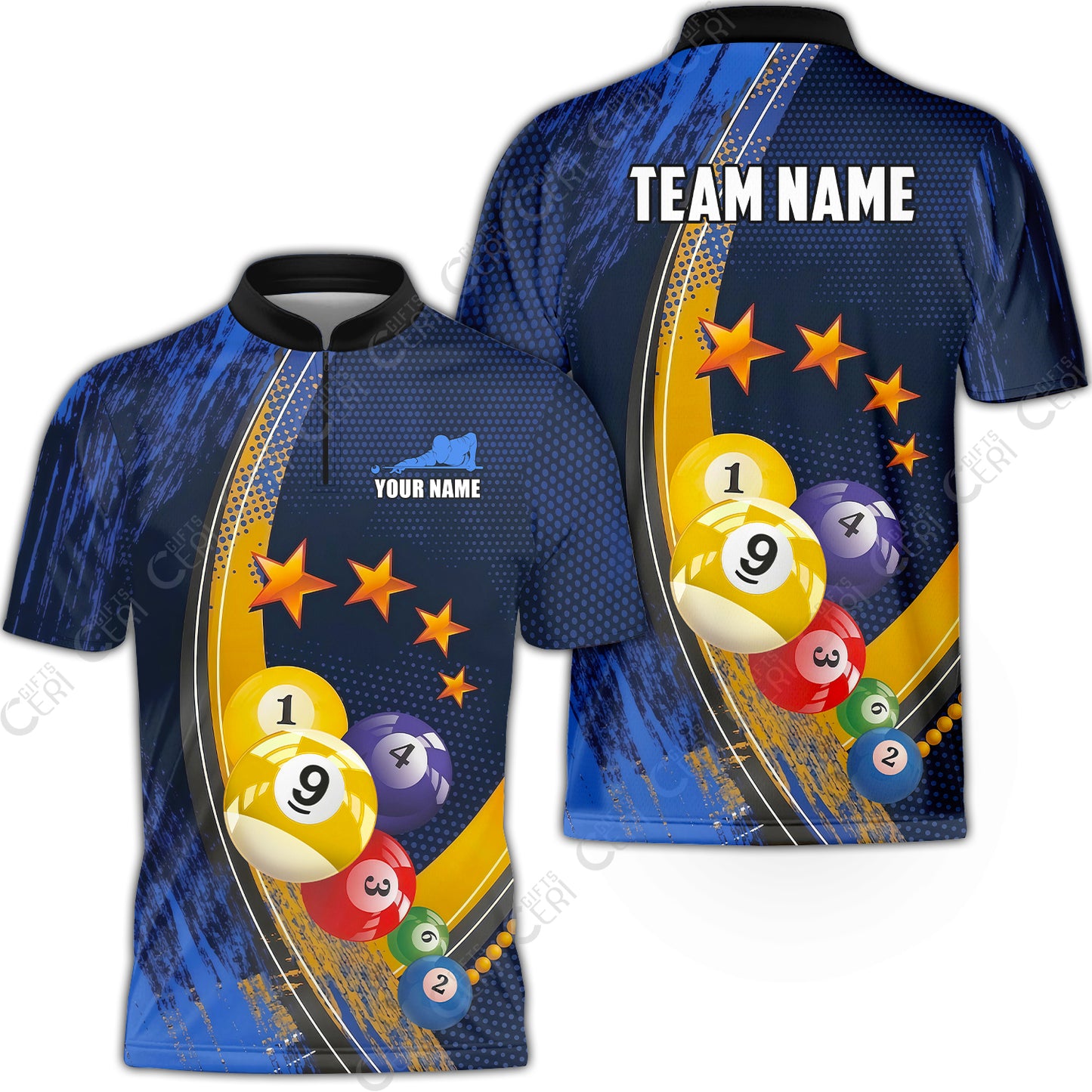 Customized 9 Ball Pool Stand Collar Quarter-Zip Short Sleeve Jersey, Brush Paint Billiards 9-Ball, Personalized Billiards Jersey