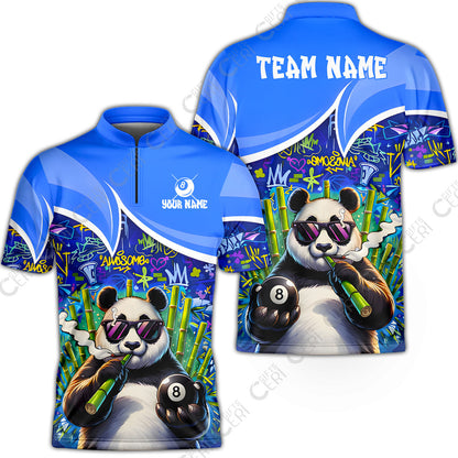 Customized 8 Ball Pool Stand Collar Quarter-Zip Short Sleeve Jersey, 8-Ball Panda Bamboo Billiards, Billiards Jerseys