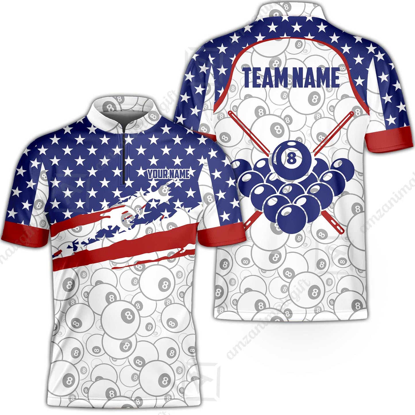 Customized 8 Ball Pool Stand Collar Quarter-Zip Short Sleeve Jersey, American Star Flag Billiard 8-Ball, Personalized Billiards Jersey