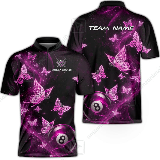 Customized 8 Ball Pool Stand Collar Quarter-Zip Short Sleeve Jersey, Galaxy And Butterflies, Personalized Billiards Jersey