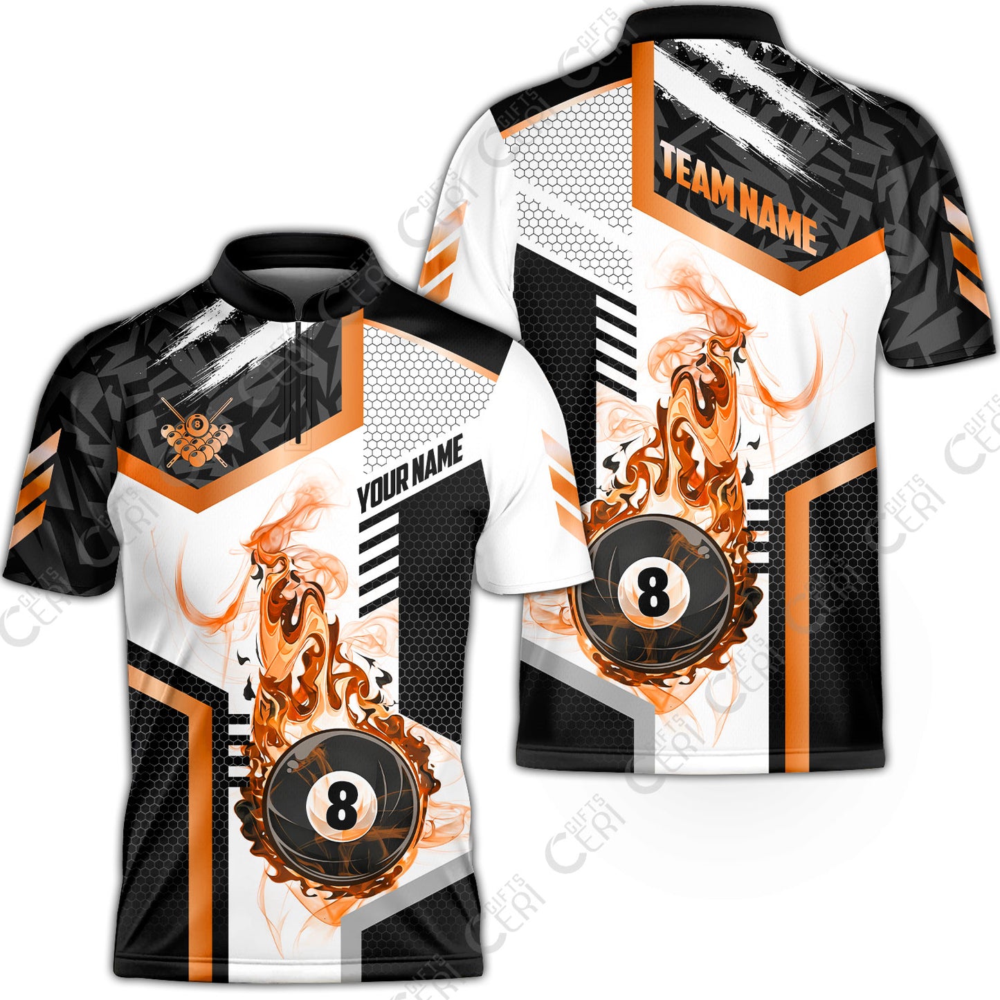 Customized Billiards Stand Collar Quarter-Zip Short Sleeve Jersey, Flaming 8-Ball Graphic, 8 Ball Pool Jersey