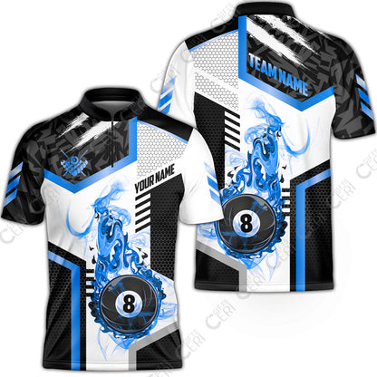 Customized Billiards Stand Collar Quarter-Zip Short Sleeve Jersey, Flaming 8-Ball Graphic, 8 Ball Pool Jersey
