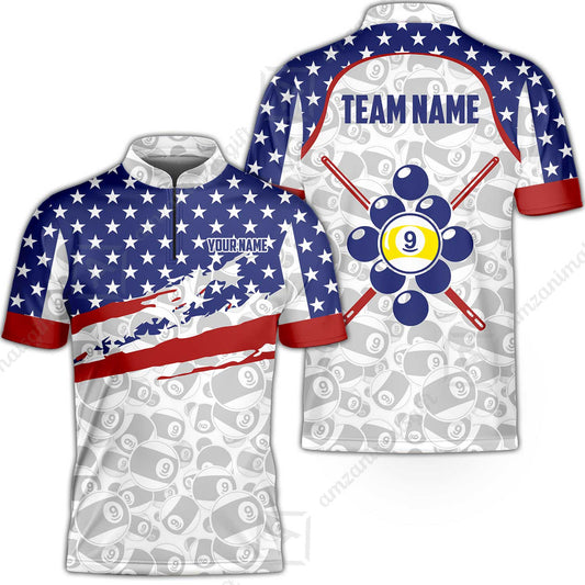 Customized 9 Ball Pool Stand Collar Quarter-Zip Short Sleeve Jersey, American Star Flag Billiard 9-ball, Personalized Billiards Jersey