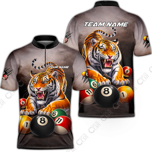 Customized 8 Ball Pool Stand Collar Quarter-Zip Short Sleeve Jersey, Billiards 8-Ball Colorful Tiger Break, Billiards Jerseys
