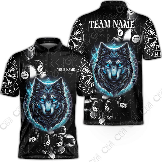Customized Billiards Stand Collar Quarter-Zip Short Sleeve Jersey, Wolf Runic Viking Black Grunge Alphabet, Billiards Jerseys