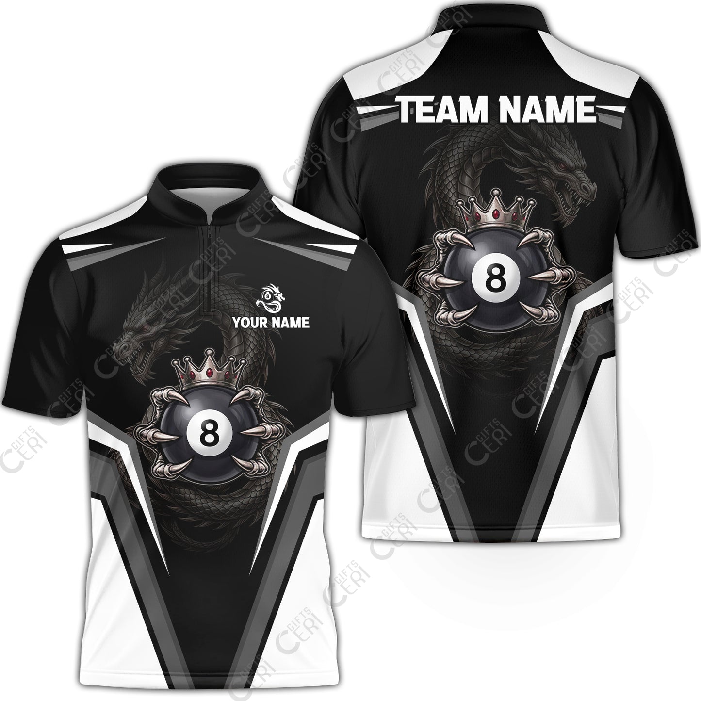 Customized 8 Ball Pool Stand Collar Quarter-Zip Short Sleeve Jersey, Dragon's Holding 8-Ball, Personalized Billiards Jersey