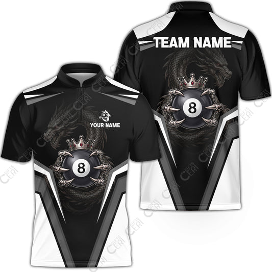 Customized 8 Ball Pool Stand Collar Quarter-Zip Short Sleeve Jersey, Dragon's Holding 8-Ball, Personalized Billiards Jersey