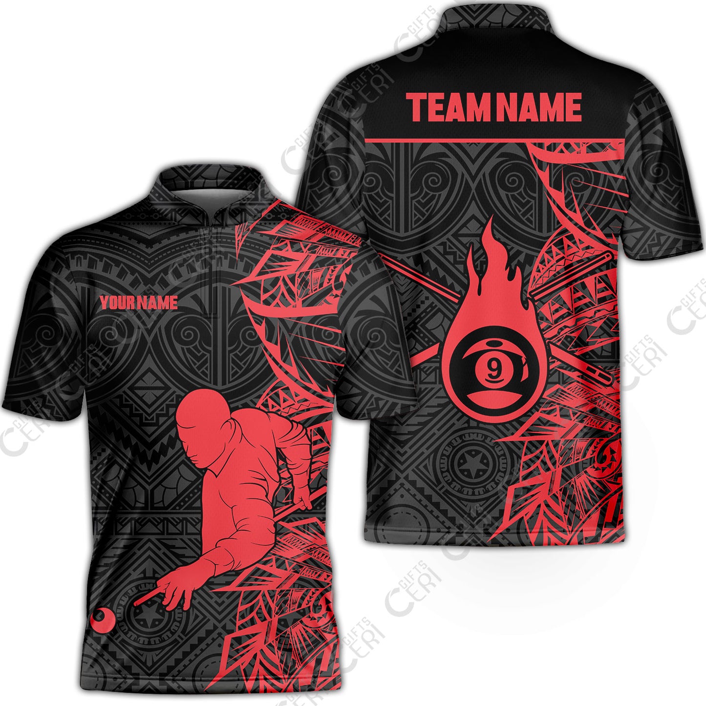 Customized 9 Ball Pool Stand Collar Quarter-Zip Short Sleeve Jersey, 9-Ball Billiards Tattoo Pattern, Billiards Jerseys