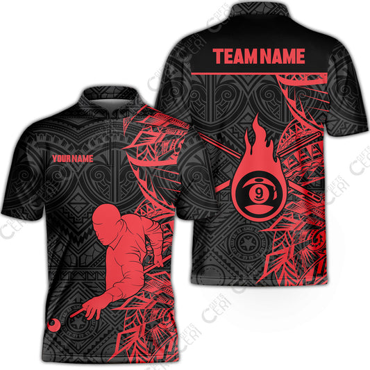 Customized 9 Ball Pool Stand Collar Quarter-Zip Short Sleeve Jersey, 9-Ball Billiards Tattoo Pattern, Billiards Jerseys