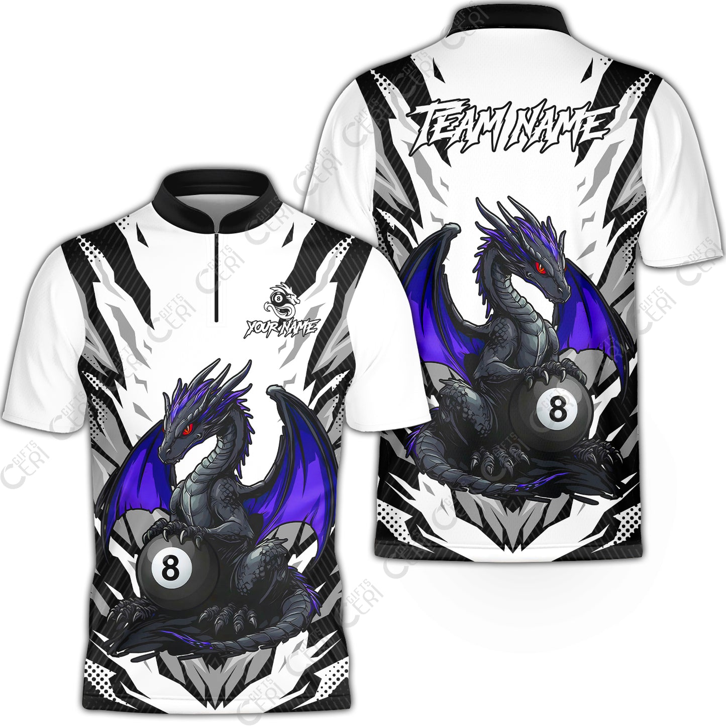 Customized Billiards Stand Collar Quarter-Zip Short Sleeve Jersey, Personalized Baby Dragon 8 Ball Jersey Gift For Billiard Players