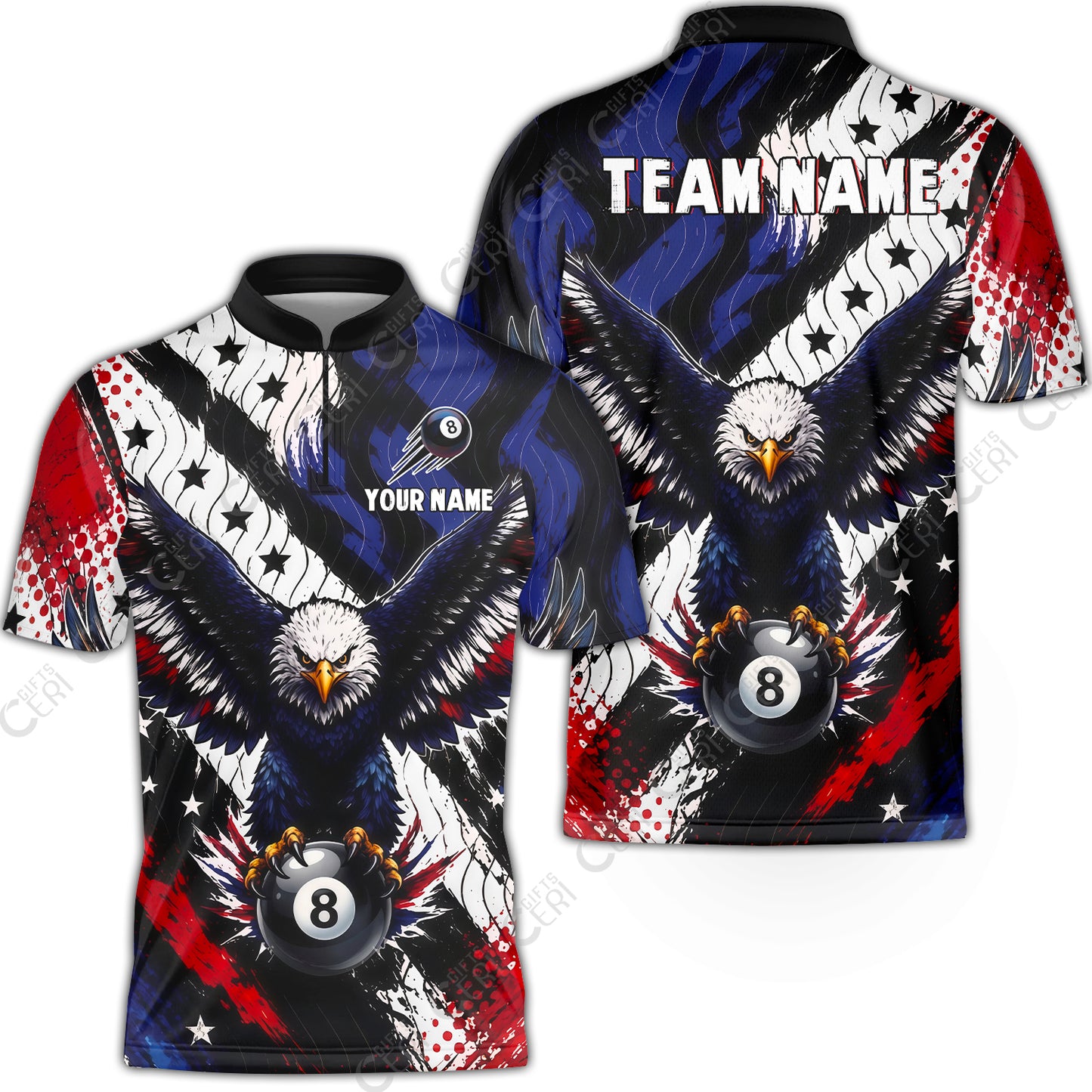 Customized 8 Ball Pool Stand Collar Quarter-Zip Short Sleeve Jersey, Eagle Holding Ball American Flag 8-ball, Personalized Billiards Jersey