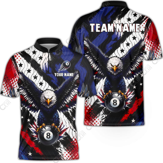 Customized 8 Ball Pool Stand Collar Quarter-Zip Short Sleeve Jersey, Eagle Holding Ball American Flag 8-ball, Personalized Billiards Jersey